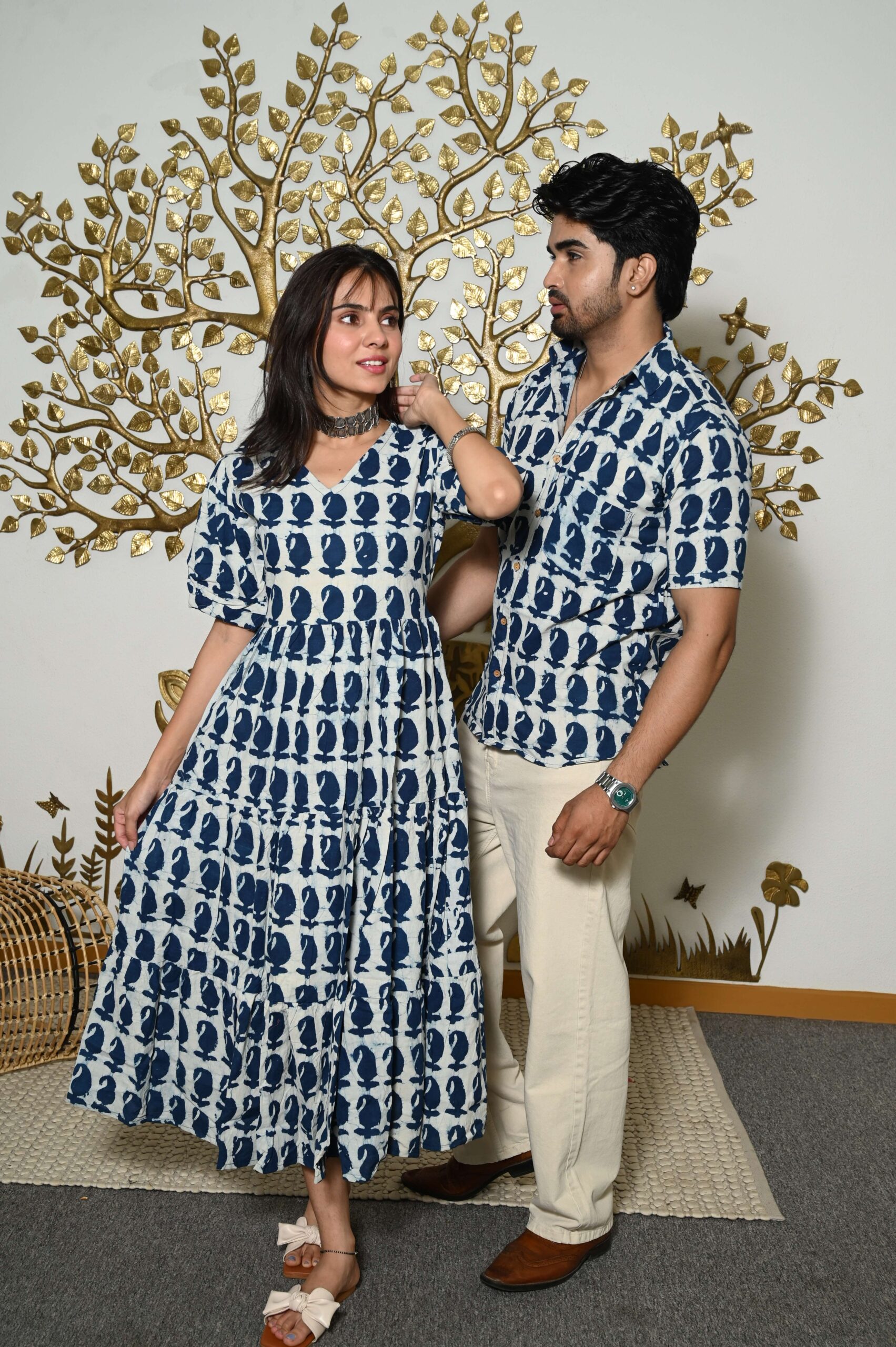 Couple Matching White And Blue Printed Cotton Anarkali Midi Dress & Shirt Set ? Summer Casual Wear