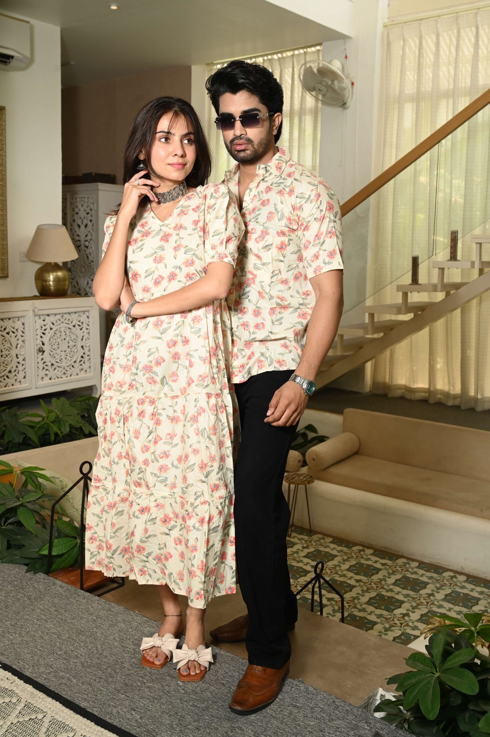Couple Matching Cream floral Cotton Printed Anarkali Midi Dress & Shirt Set ? Casual & Festive Wear