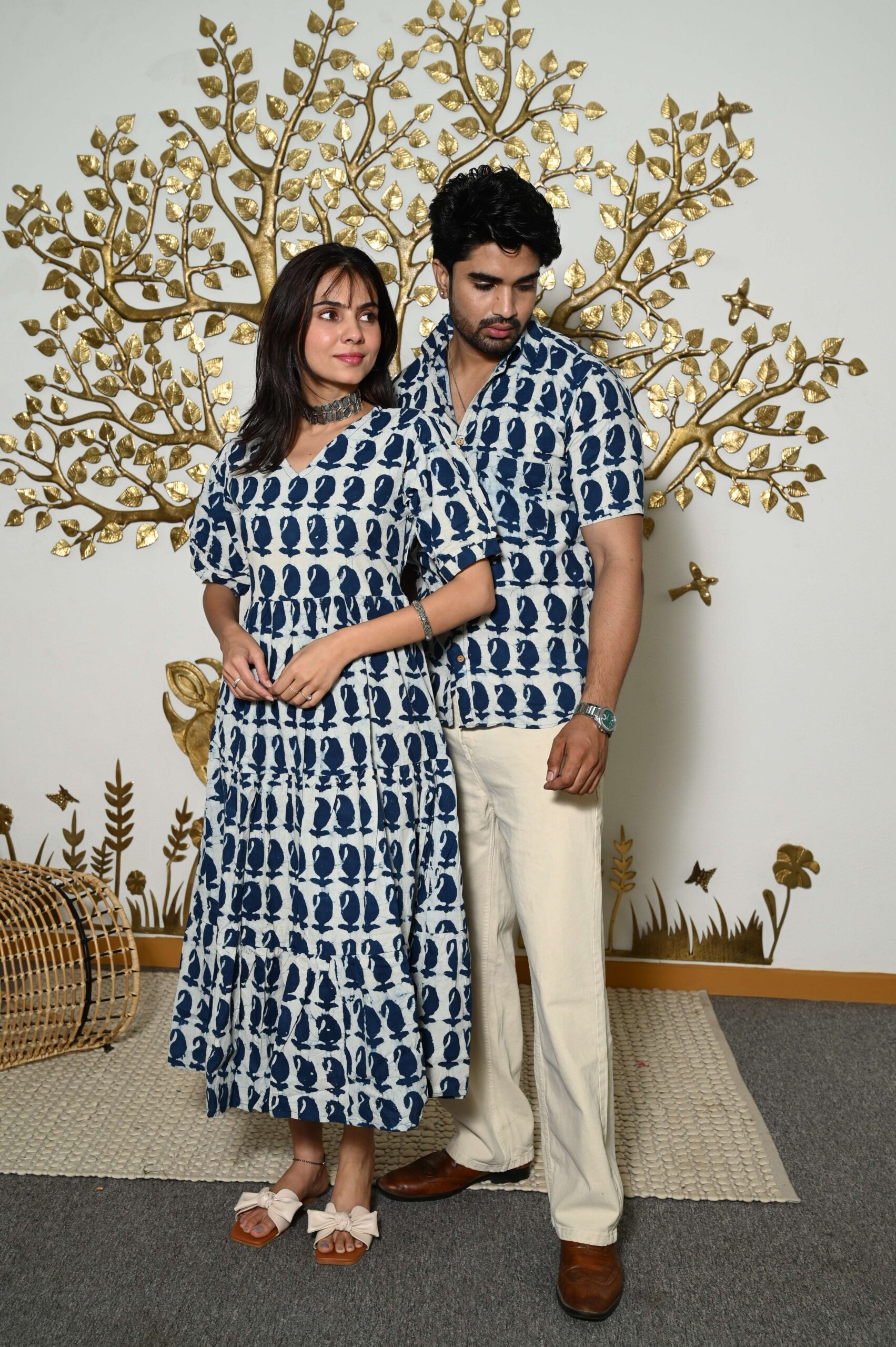 Couple Matching White And Blue Printed Cotton Anarkali Midi Dress & Shirt Set ? Summer Casual Wear - Image 2