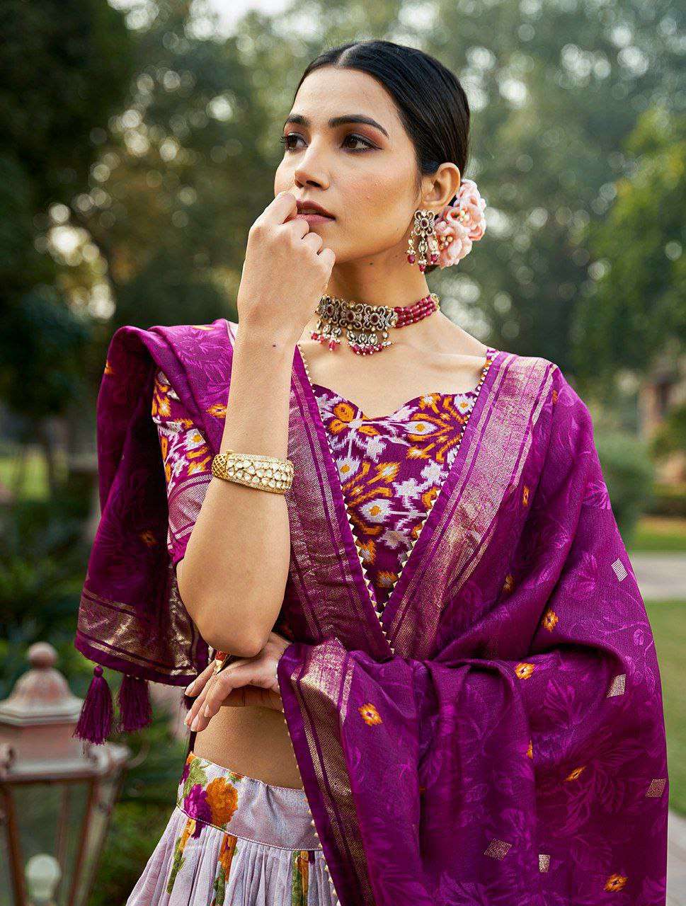 Women's Patola Print Tussar Silk Lehenga Choli Dupatta Set - Image 11